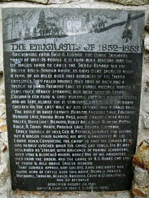 Emigrants of 1852-53 historical marker located at Kennedy Meadows Pack Station.